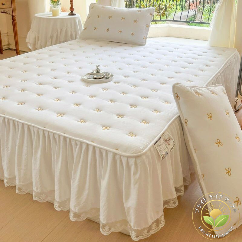 ベッドスカート 綿100％ キルティング フリル付き 敷パッド一体型 マットレスカバー 中綿 ズレ防止 オ..