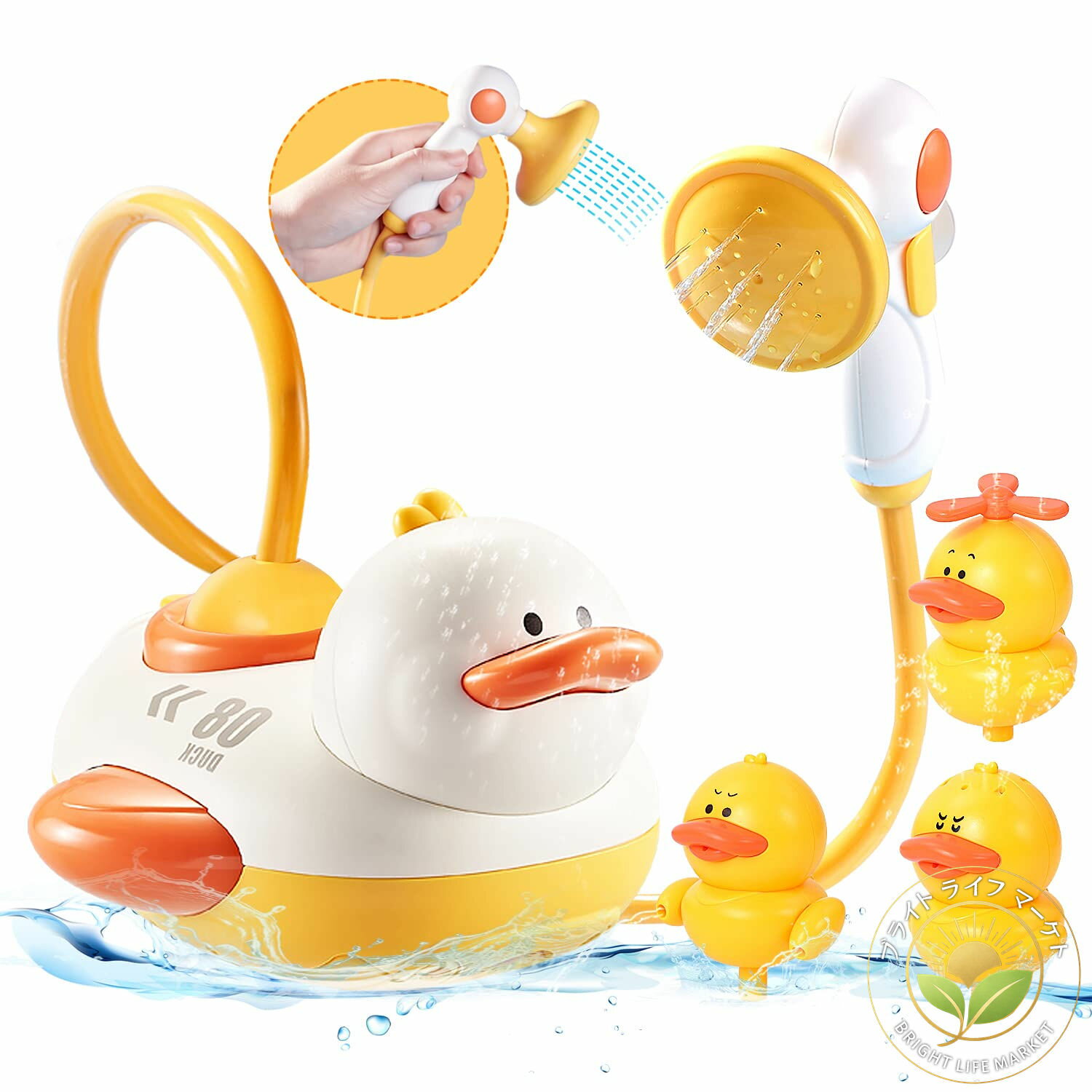 商品詳細特徴【面白いお風呂おもちゃ】可愛いアヒルの電動シャワーおもちゃセットです。付属の散水おもちゃと組み合わせて遊び、子供の入浴時間を面白くなります。お風呂が苦手の子にも向きます。【簡単に遊べる電動式シャワー】ご使用前に、親アヒルの底面の電池カバーを開けて単3電池・3本（別売り）をセットし、水が入らないように しっかりと電池カバーのネジを締めて下さい。その後、親アヒルの後ろにある電源スイッチを押すと動き出します。【安心安全な素材】環境に優しい安全なABSとPVCを使用しているので幼児 2歳 3歳の小さなお子様でも安心。付属の強力吸盤は吸着力が抜群で 固定具が必要なく、お風呂場の平滑面に簡単に設置できます。取り外し本体を洗えるのも便利で、使わない時には、清潔に洗い乾燥させて保管することが可能です。【ギフト贈り物プレゼントに最適】女の子男の子どちらにも良い可愛い水遊びのおもちゃです。出産祝い お誕生日 クリスマス ハロウィンや入園祝い さりげないプレゼントにもおすすめです。アヒルから噴水が出るのでお子様が大喜びします。