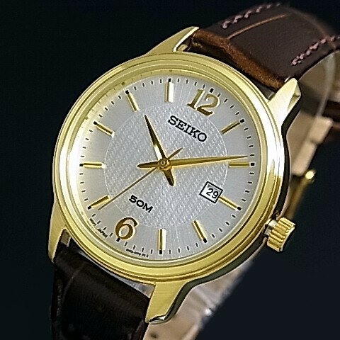 SEIKO/Quartzレディース腕時計 ゴールドケース ブラウンレザーベルト シルバー文字盤 海外モデルSUR658P1