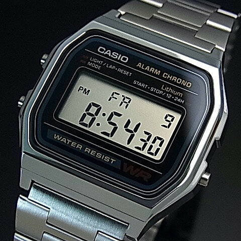 CASIO/Standard【カシオ/スタンダード】アラームクロノグラフ メンズ腕時計 ボーイズサイズ 軽量・薄型のデジタル液晶モデル メタルベルト(国内正規品)A158WA-1JF