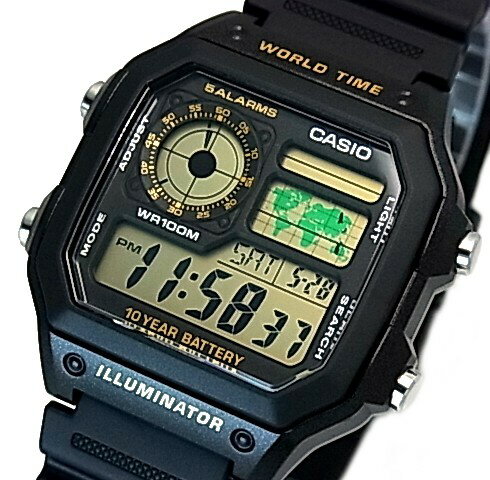 ■メール便配送■CASIO/Standard【カシオ/スタンダード】デジタル 世界地図表示ワールドタイム メンズ腕時計 ブラックラバーベルト 海外モデル【並行輸入品】AE-1200WH-1B
