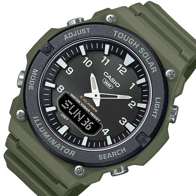 ★ こちらの商品はメール便配送になります ★ ■　ポスト投函 ■　クッション封筒(BOX無し) ■　日時指定不可 ■　代引き不可 ■　ラッピング不可 メーカー希望小売価格はメーカー商品タグに基づいて掲載しています ●【素材：ケース】樹脂 ●【素材：ベルト】ラバー ●【素材：風防】樹脂ガラス ●【色：ケース】グリーン ●【色：ベルト】グリーン ●【サイズ：ケース】約52.5 × 50.1 × 12.7(mm) ●【重量】約46(g) ●【備考】メーカー保証1年付 　　　　　　クォーツ 　　　　　　タフソーラー（ソーラー充電システム） 　　　　　　パワーセービング機能 　　　　　　10気圧防水 　　　　　　ワールドタイム 　　　　　　ストップウォッチ(1/100秒) 　　　　　　アラーム・タイマー・時報 　　　　　　LEDバックライト 　　　　　　フルオートカレンダー 　　　　　　手首周り：最大約21.5cm ≪取扱説明書番号"5745"≫カシオ【CASIO】 STANDARD 10気圧防水仕様を備えたソーラーウオッチです。 航空計器をモチーフに、ベゼルはフラットに仕上げたラウンド形状、インデックス・針には視認しやすいホワイトカラーを採用しました。6時位置には日付や曜日、ワールドタイムを表示する便利な液晶が付いています。 ご購入前にご確認下さいませ。