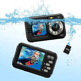 4K 防水 デジカメ IP68 4800万画素 デジタルカメラ オートフォーカス 3cmマクロ写真 完全防水カメラ 水中デジカメ 水中用 3mまで 黒+64gカード付属