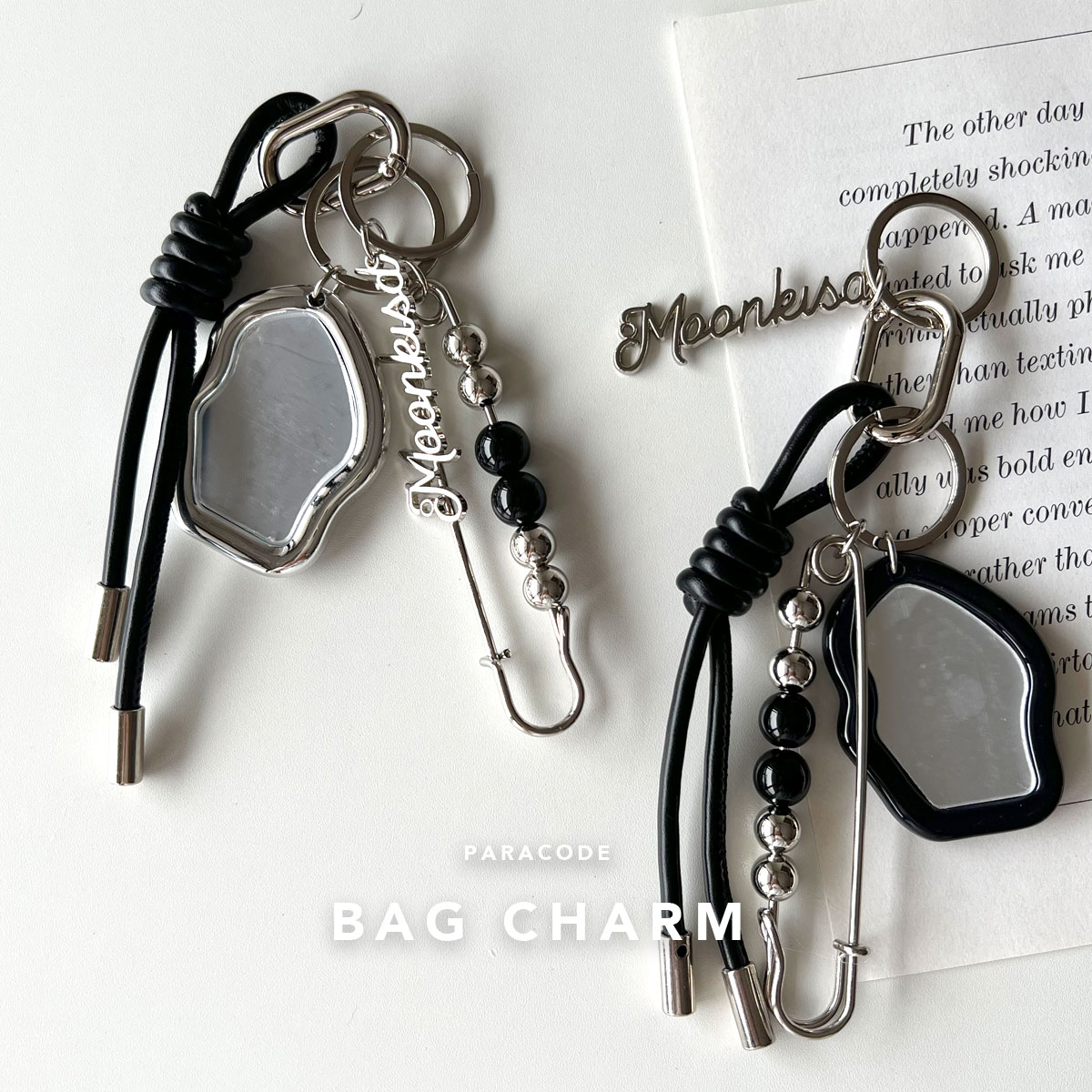 【3%オフクーポン◆連休限定】ミラーチャーム シルバー ブラック Y3K バッグチャーム バッグアクセサリー じゃらじゃらつけ カラナビ 韓国チャーム 韓国ファッション バッグチャームのサムネイル
