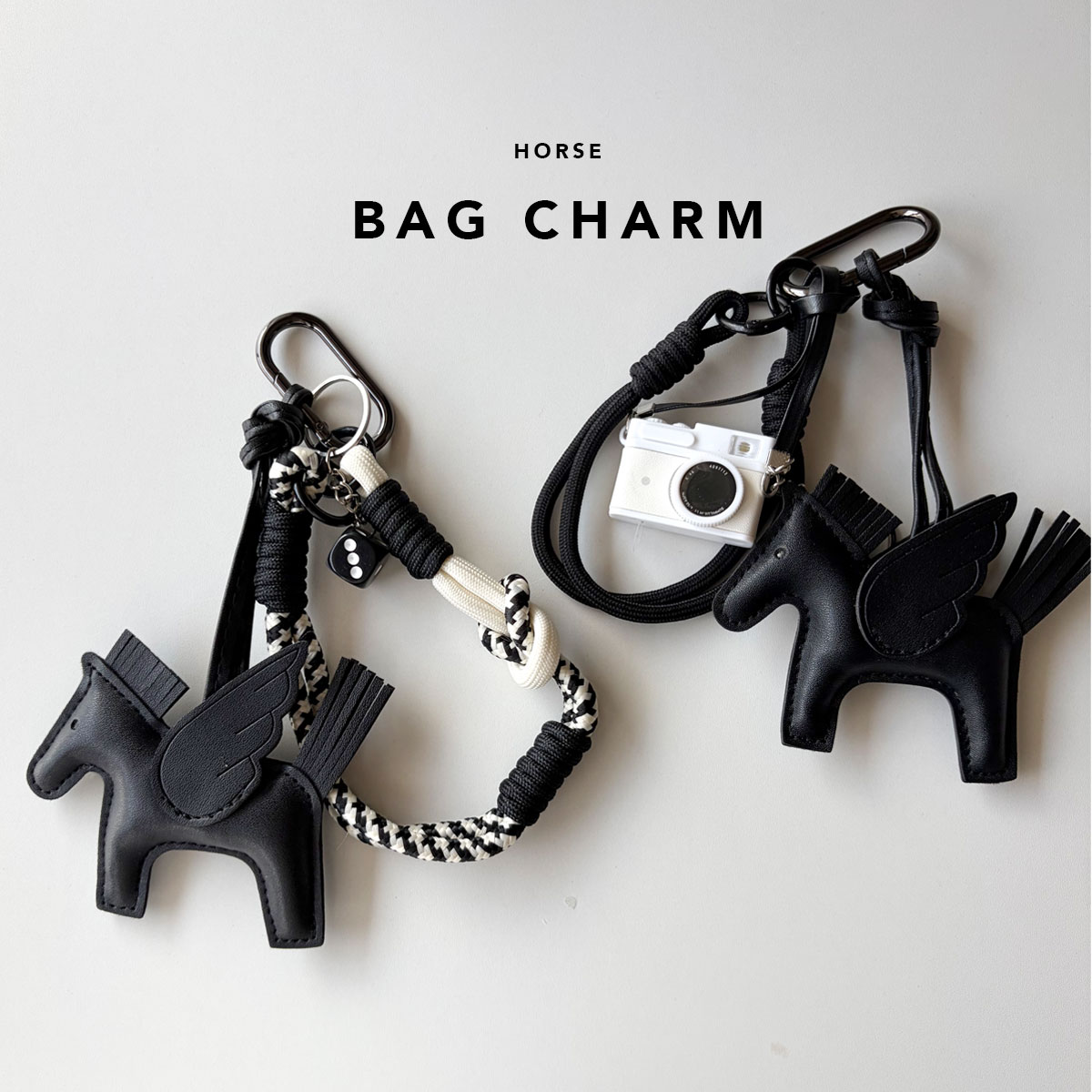 ブラックホース カメラ サイコロ 馬モチーフ パラコード 幸運チャーム 2026馬 バッグアクセサリー ネコポス送料無料 キーホルダー ホースチャーム 馬 干支チャーム
