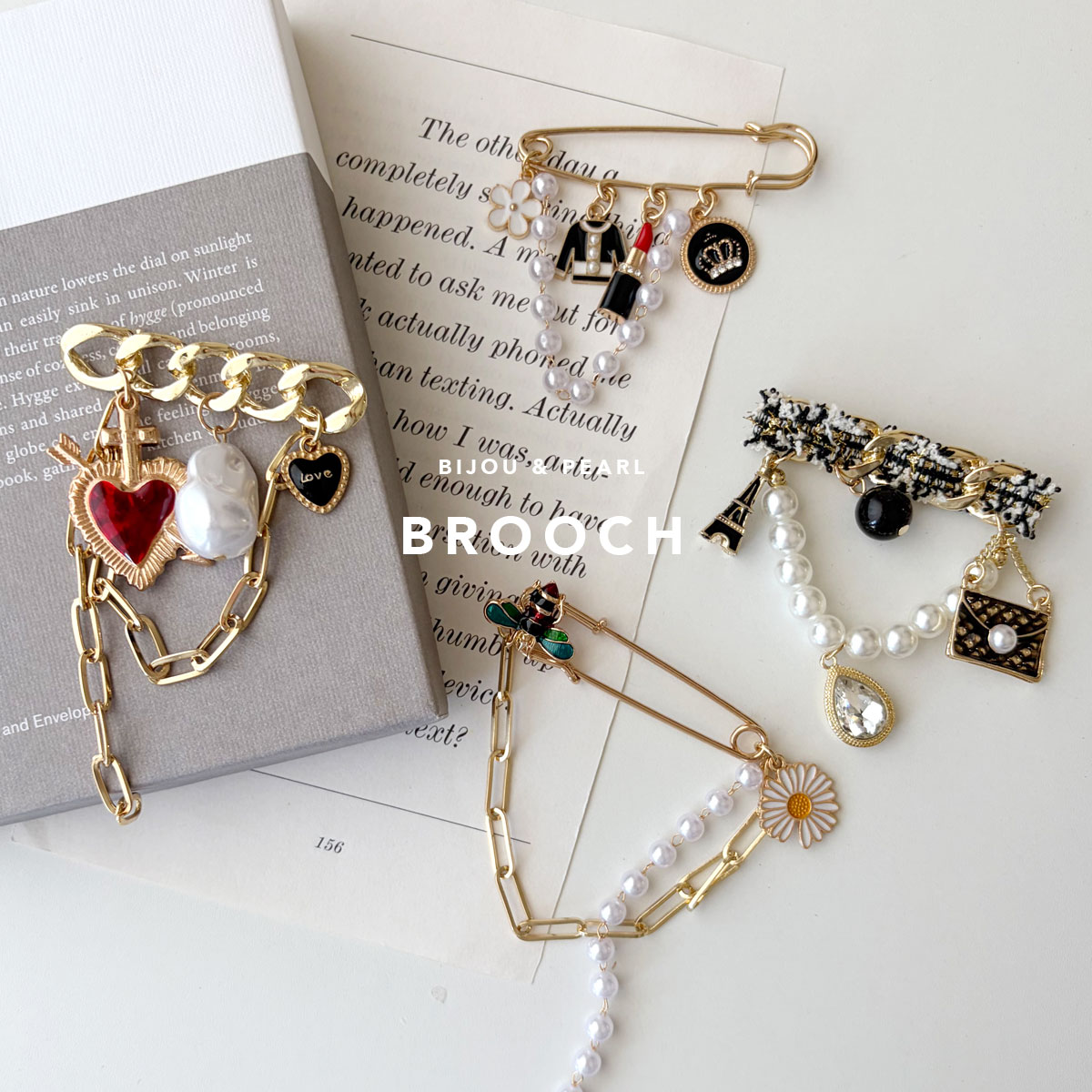 【5%オフクーポン◆5のつく日】【選べる4type】チャーム付き チェーンブローチ パール ピンブローチ 安全ピン ゴールド｜バッグ リップ ハート 蜂 モチーフ ジャケット デニム セレモニー 大人可愛い