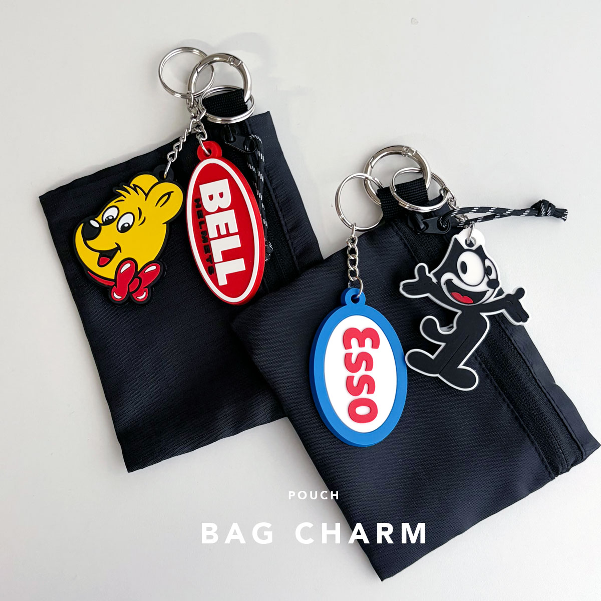 Rakuten - フィリックス ハリボー ESSO バックトゥザフューチャー ロゴ入りキーホルダー 黒ポーチ付き オールド キャラクターチャーム ミニポーチ付きチャーム バッグアクセサリー カラビナ付き ネコポス送料無料 キーホルダー