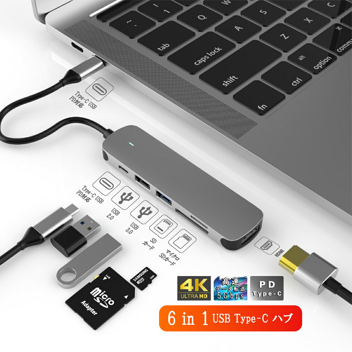 USB Type-C ハブ 6in1 SDカード リーダー HDMI 4K USB 3.0 PD対応 Macbook iPad Android アンドロイド パソコン Windows Surface NintendoSwitch 変換 microSD TF 高速 転送 音楽 写真