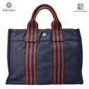 【お値段見直しました】 【送料無料】 エルメス フールトゥPM トートバッグ キャンバス コットン ネイビー/ブラウン シルバー金具 手提げ HERMES メン...