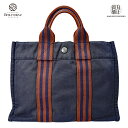  エルメス フールトゥPM トートバッグ キャンバス コットン ネイビー/ブラウン シルバー金具 手提げ HERMES メンズ レディース USED（M209104s)