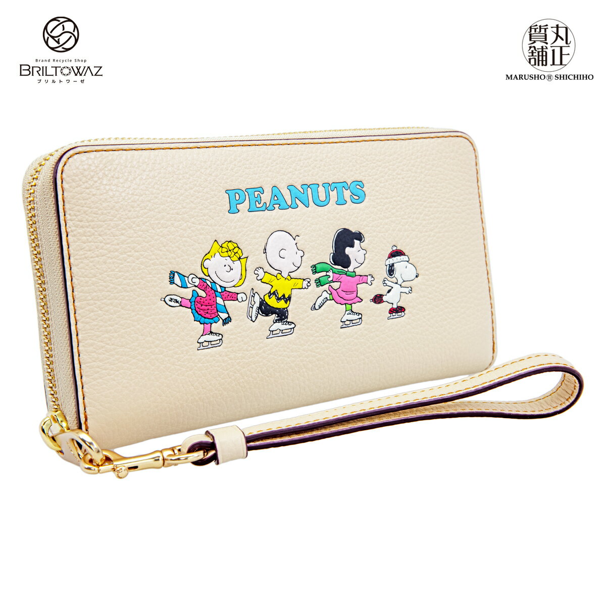 コーチアウトレット COACH×SNOOPY コラボ スヌーピー&フレンズ ラウンドジップ ウォレット 長財布 CF219 レザー アイボリー ストラップ付き（M211314s)