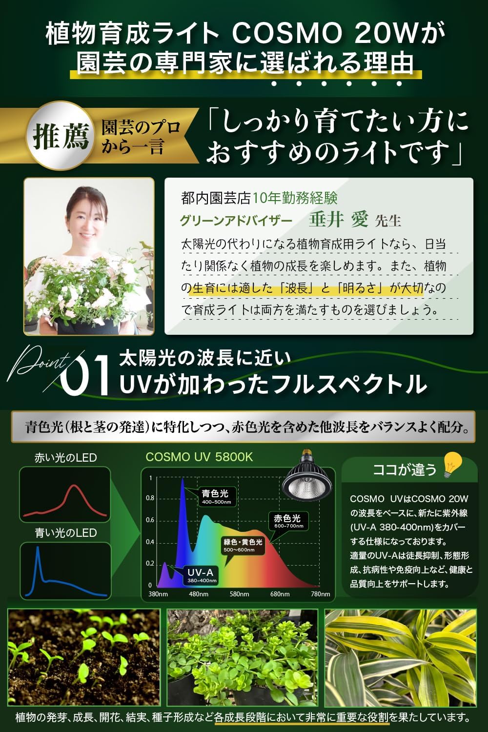 BRIM(ブリム) 公式店 グリーンアドバイザー推薦 BRIM(ブリム) COSMO UV 20W 植物育成ライト LED フルスペクトル 高PPFD 高力率 高演色性 植物用LEDライト 省エネ設計 長寿命 E26口金 反射板＆集光レンズ付き COSMO UV