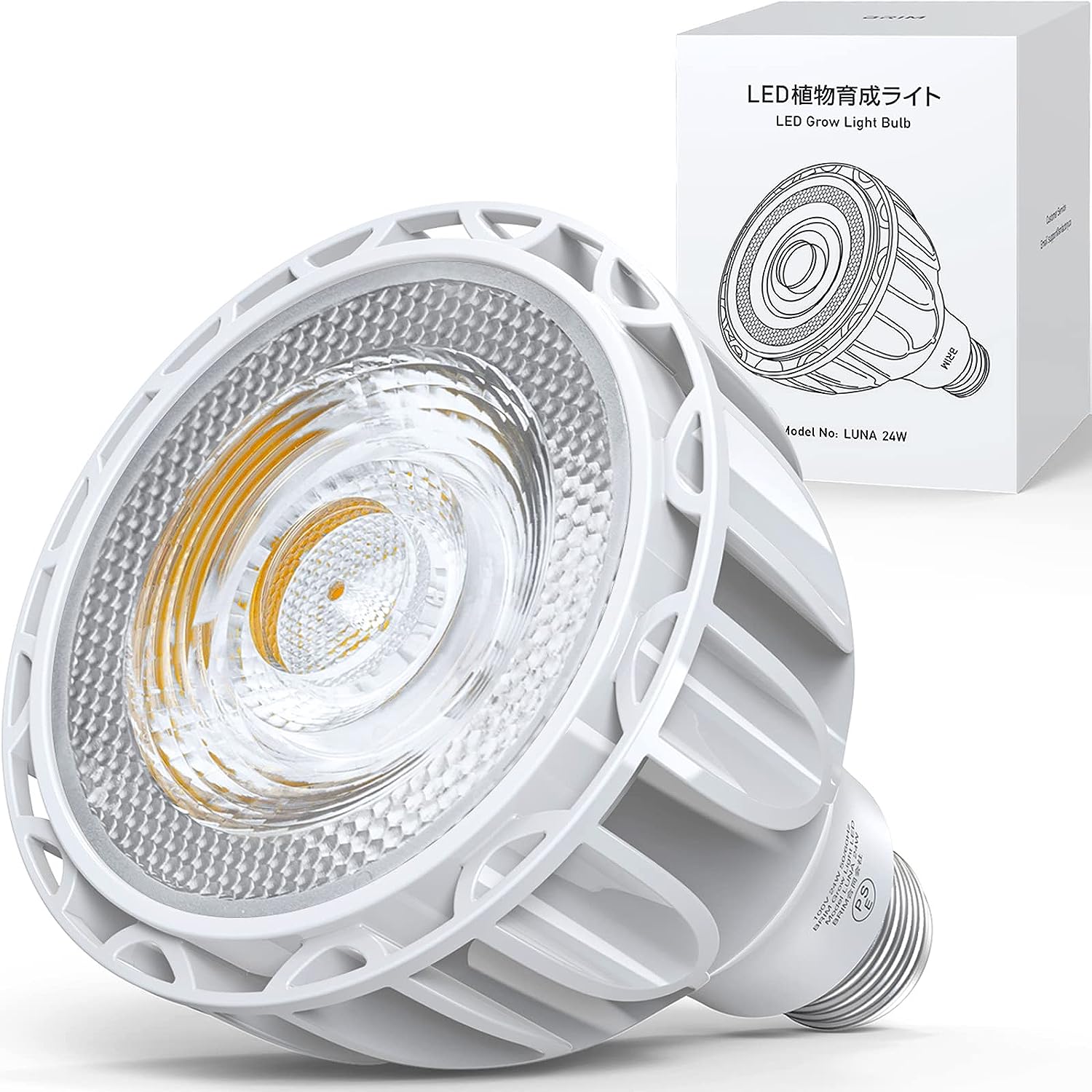 商品名 【公式】BRIM(ブリム) LUNA 24W 植物育成ライト LED E26口金 フルスペクトル (LUNA 暖色系 (4000K)) 商品説明 【室内での育成が楽になる植物育成ライト】観葉植物や野菜等の室内育成に大活躍の植物育成ライト。植物を育てていて、こんな経験ありませんか？悪天候が続いて日照不足だったり、部屋の日当たりが良くなかったり、置く場所を移したりと管理が面倒だったり…初心者の方から上級者の方まで満足いただけるよう今回のBRIM SOL 24W led植物育成ライトでは「高性能×使いやすさ」の両立にこだわり、最新チップ導入とレンズ設計の見直しで大幅に性能が向上しました。電球と同じようにソケット部を回し込んでカンタン装着。的確なピンポイント照射で照らしたいエリアや距離のコントロールがしやすくなりました。 【太陽光に近い明るさと波長で効果よく育つ】自然光である太陽光に含まれる7色の可視光を連続的にバランスよく発光させます。赤波長は光合成効率に優れており植物の成長を促します。青波長には植物の葉、茎を丈夫に育てる役割があります。PPFD値656、照度39,600（※LED素子直下距離約40cm）の非常に高い性能を持っており、室内でも屋外のように元気に育てることが可能。最大照度は100,000を超えており、冬に弱く日光を好む植物なども、植物ライトに近づけて設置することで季節や天気に左右されず常に健康な状態を保つことができます。 【Ra97~98.5の高演色性で植物の見え方が抜群に変わる】太陽光とほぼ同様の演色性を誇り、演色性測定ではRa96~98.5の高数値を実現(個体差がございますので予めご了承ください)。太陽光の下とほぼ変わらないような見え方になる上、より鮮明さが増します。実際の育ち方も太陽の下のような育ち方に近くなります。また、アクアリウムで使用される場合は水の透明度が増し、水中植物もより美しく見せることができます。 【長寿命と耐久性向上、おしゃれなデザイン】優れた放熱性能を持つCOB LEDを採用し、長時間の利用が想定される植物育成において高輝度時の発熱量を軽減、故障率を大幅に減少させました。理論上の寿命は30,000時間に達しており、材質と加工手法改良で口金陥没リスクを軽減することで高耐久性を実現。外観において植物と部屋の雰囲気に溶け込むようにスタイリッシュな外観設計を取り入れており、インテリアとしてもおしゃれな空間を演出できます。 【1年安心保証】当商品は、日本のストアが商品企画を行い、アフターサービスも徹底して行なっております。出荷前にひとつひとつ検品を行っておりますが、もし商品の不具合などございましたら返金・交換保証をさせて頂きますので取扱説明書に記載された方法よりお気軽にお問い合わせください。 製造者 BRIM合同会社 〒1050013 東京都港区浜松町2－2－15浜松町ダイヤビル2F TEL:05054803284 FAX:05054803284 販売者 BRIM合同会社 〒1050013 東京都港区浜松町2－2－15浜松町ダイヤビル2F TEL:05054803284 FAX:05054803284 広告文責 BRIM合同会社 〒1050013 東京都港区浜松町2－2－15浜松町ダイヤビル2F TEL:05054803284 FAX:05054803284 注意点 ※モニターの発色具合によって、実際の色と異なる場合がございます。