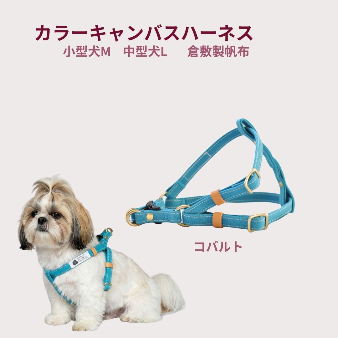 Rakuten - ハーネス 犬 胴輪 小型犬 中型犬 丈夫 M L コバルト 抜けにくい 食い込まない 倉敷製帆布 日本製 パグ トイプードル フレブル コーギー シュナウザー 柴犬 シーズー