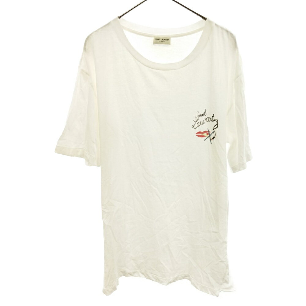 SAINT LAURENT PARIS(サンローランパリ)17SS スモーキングリッププリントクルーネック半袖Tシャツ 482675 ホワイト【中古】【程度B】【カラーホワイト】【取扱店舗新宿】