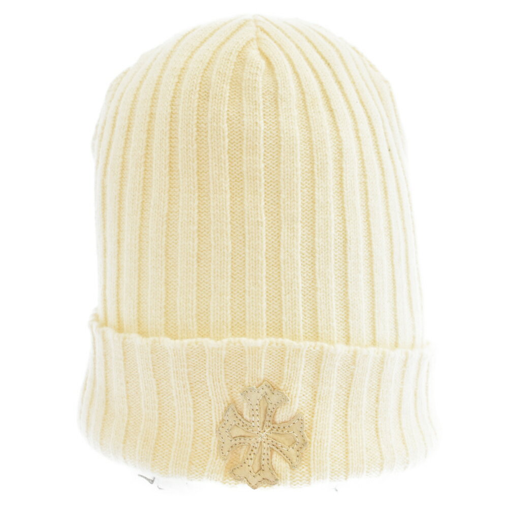 CHROME HEARTS(クロムハーツ)BEANIE CASH/レザーパッチビーニー レザークロスパッチ カシミヤニットキャップ 帽子 ホワイト【中古】【程度B】【カラーホワイト】【取扱店舗OneStyle原宿店】