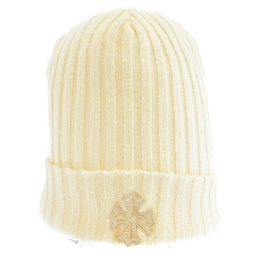 CHROME HEARTS(クロムハーツ)BEANIE CASH/レザーパッチビーニー レザークロスパッチ カシミヤニットキャップ 帽子 ホワイト【中古】【程度B】【カラーホワイト】【取扱店舗OneStyle原宿店】★SALE対象★