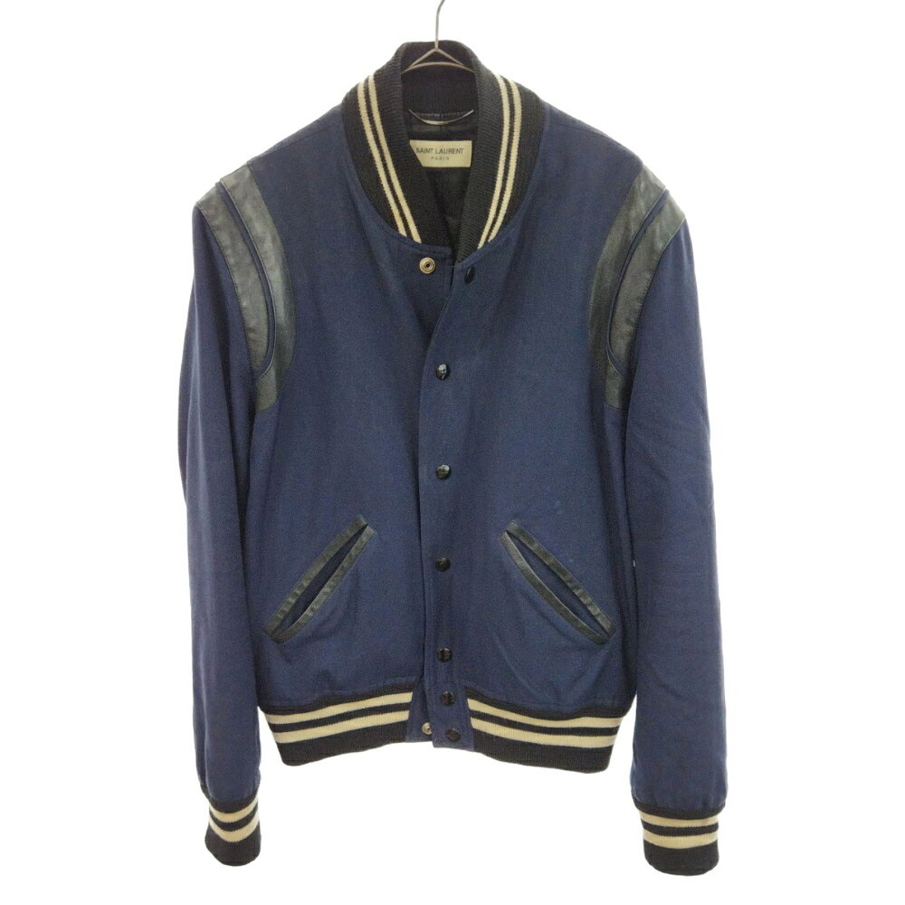 SAINT LAURENT PARIS(サンローランパリ)15AW Navy Gabardine Wool Teddy 354718 YYL09 ラムレザートリムテディジャケットスタジャン ネイビー 46【中古】【程度B】【カラーネイビー】【オンライン限定商品】