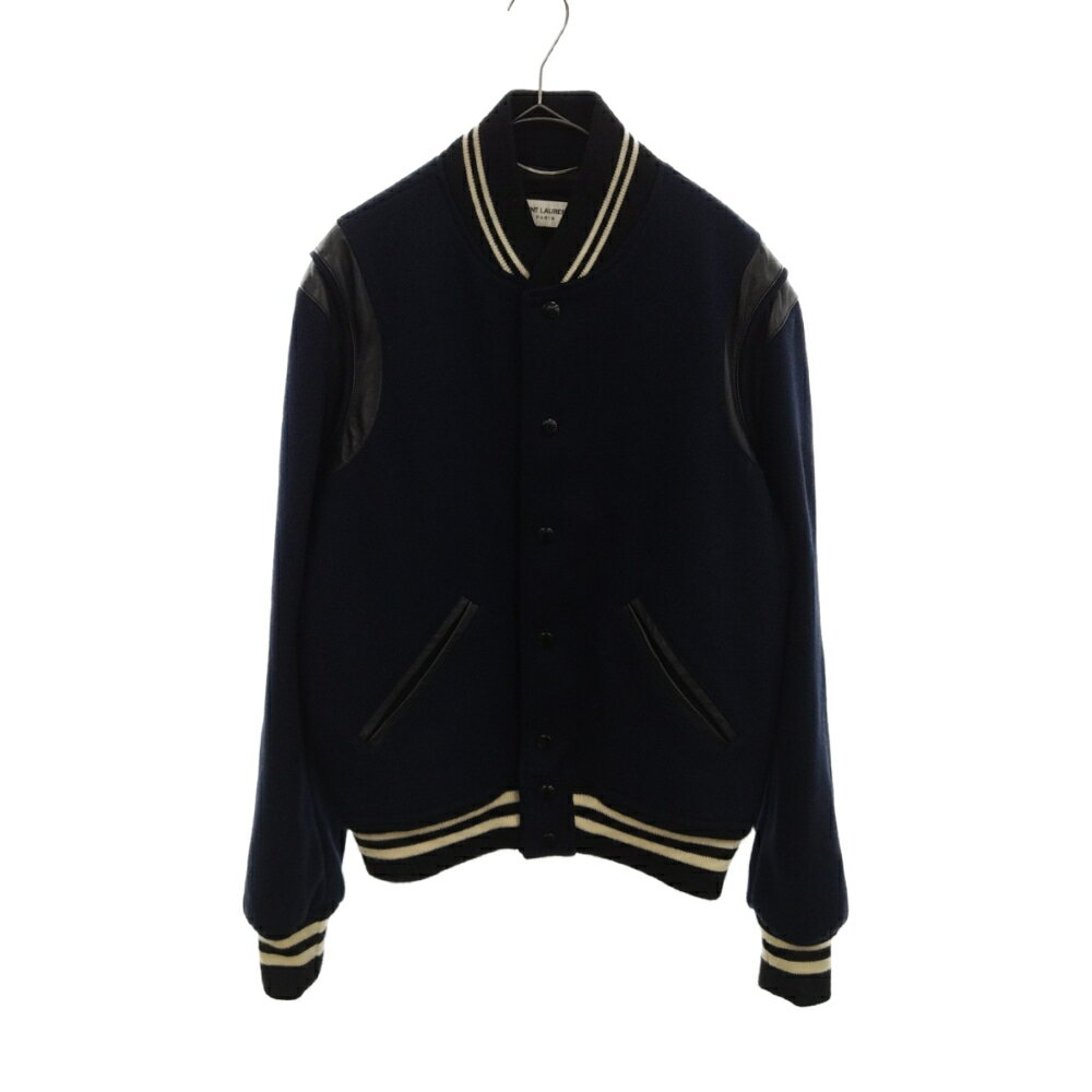 SAINT LAURENT PARIS(サンローランパリ) サイズ:46 16SS Teddy Jacket テディジャケット レザートリム スタジアムジャケット ネイビー 354718 Y983J【中古】【程度A】【カラーネイビー】【取扱店舗新宿】