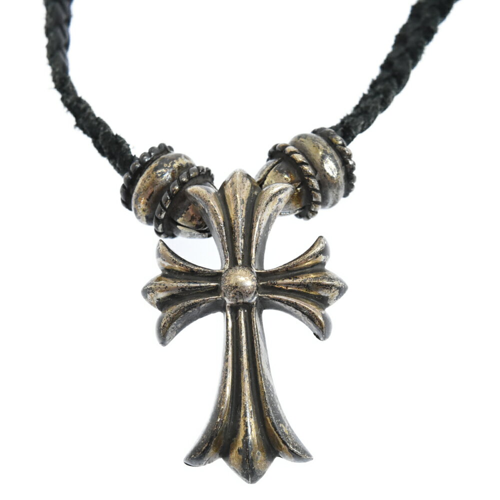 CHROME HEARTS(クロムハーツ) SMALL CH CRS SM CRIMPT CROSS スモールCHクロスクリンプトペンダント wボロチップ シルバーペンダント 革紐【中古】【程度C】【カラーシルバー】【取扱店舗名古屋】
