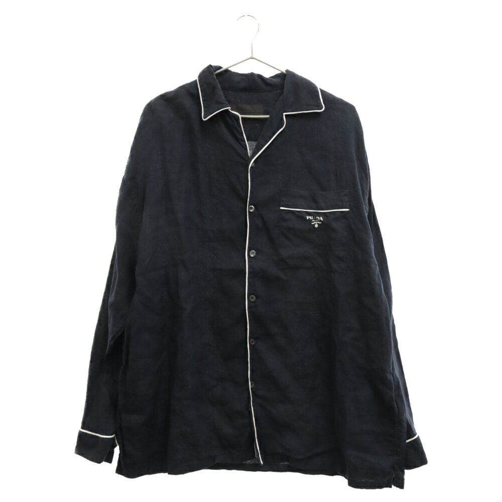 PRADA(プラダ) サイズ:XS 22AW Linen shirt リネンパイピングパジャマ長袖シャツ SC607 S221 11T7 ネイビー【中古】【程度A】【カラーネイビー】【取扱店舗BRING京都河原町店】