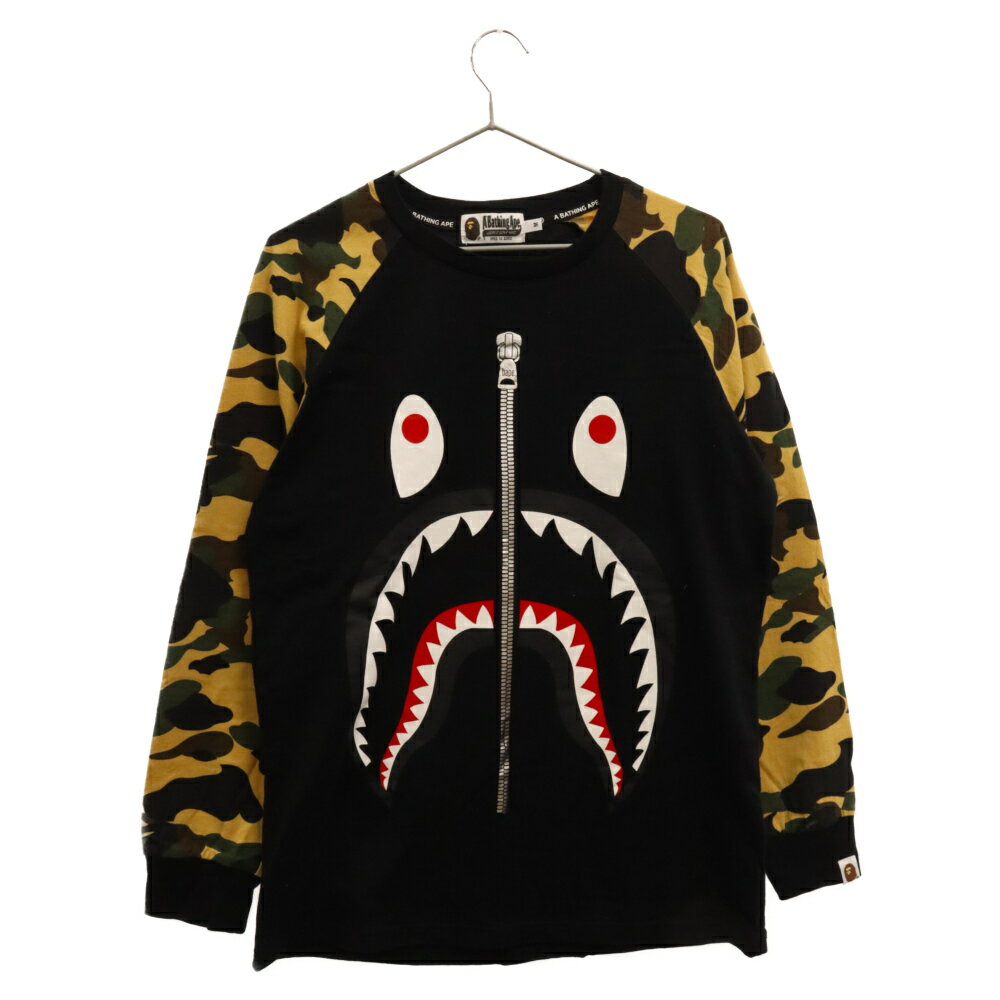 A BATHING APE(アベイシングエイプ) サイズ:M 1st Camo Shark Tee カモシャークプリントロゴ長袖Tシャツ ブラック 001LTE801006X【中古】【程度B】【カラーブラック】【取扱店舗BRING渋谷ANNEX店】