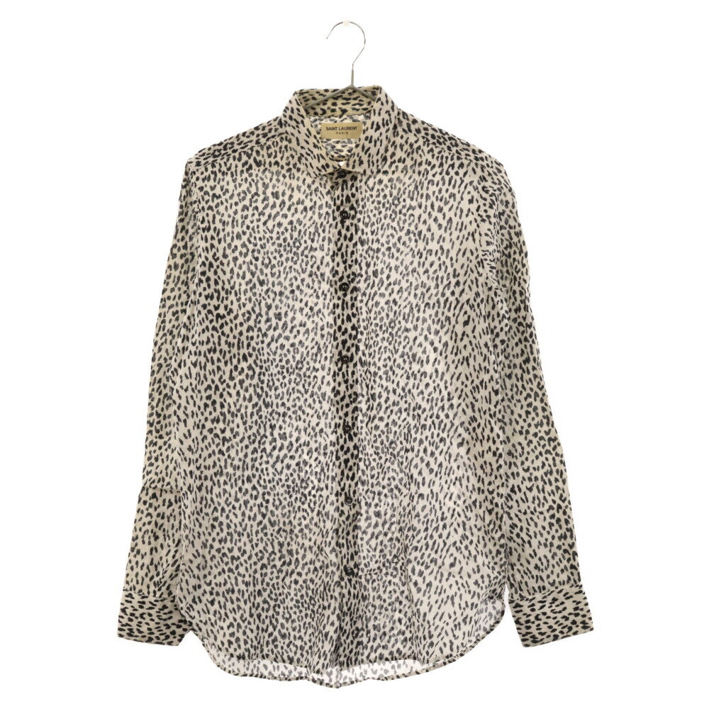 SAINT LAURENT PARIS(サンローランパリ) サイズ:37 13AW エディ期 Leopard Shirt ベイビーキャット レオパード ロングスリーブ 長袖 シャツ ホワイト/ブラック 323920 YM36P【中古】【程度C】【カラーホワイト】【オンライン限定商品】