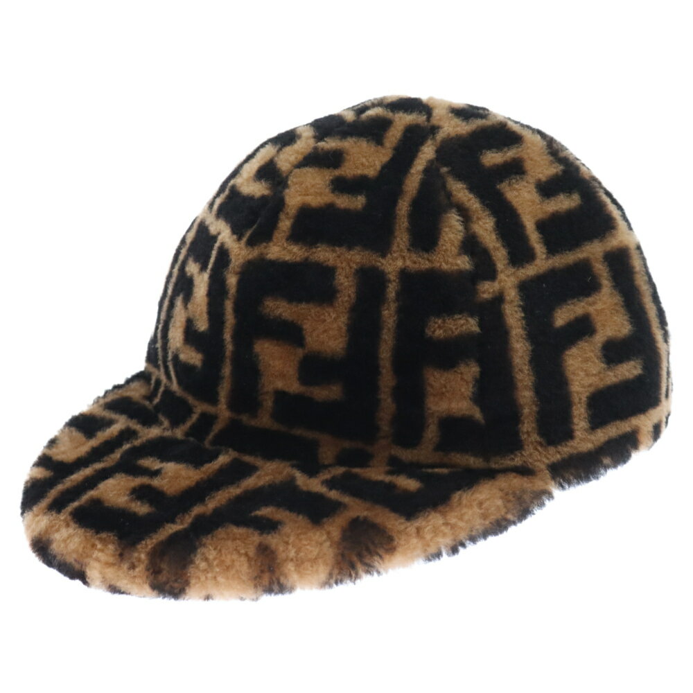 FENDI(フェンディ) カシミア混 FFロゴ ファー ズッカ柄 キャップ 帽子 FXQ594 ブラウン【中古】【程度A】【カラーブラウン】【オンライン限定商品】