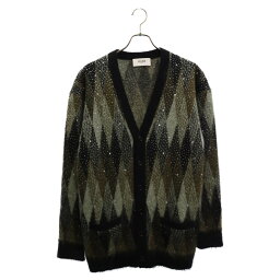 CELINE(セリーヌ) サイズ:XS 22AW BOY DOLL LONG EMBROIDERED CARDIGAN IN BRUSHED MOHAIR GREEN ブラッシュドモヘアエンブロイダリーアーガイルロングカーディガン 2AA48606S カーキ【中古】【程度A】【カラーグリーン】【取扱店舗新宿】