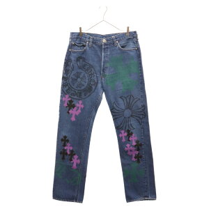 CHROME HEARTS(クロムハーツ) サイズ:31 STENCIL DENIM ステンシル ペイントデザイン クロスパッチ付き デニムパンツ インディゴ 【海外レシート付き】【中古】【程度A】【カラーブルー】【取扱店舗BRING梅田茶屋町店】