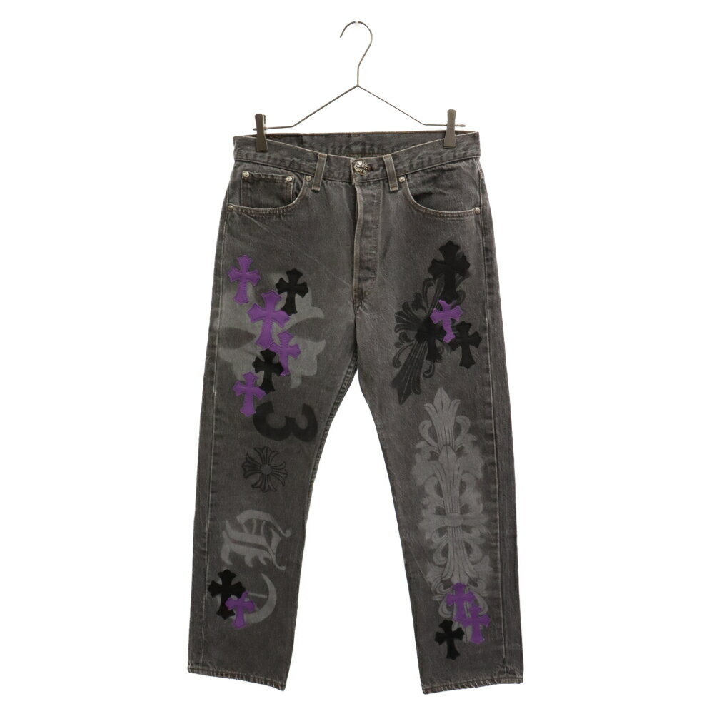 CHROME HEARTS(クロムハーツ) サイズ:30.0inch ×LEVI'S 501 STENCIL DENIM ステンシル ペイントデザイン クロスパッチ付き ストレート デニムパンツ ブラック/パープル【新古品/中古】【程度S】【カラーブラック】【取扱店舗OneStyle原宿店】