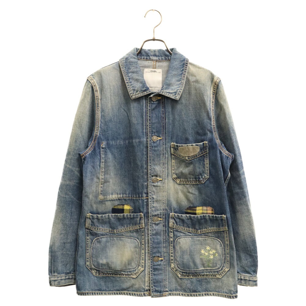 VISVIM(ヴィスヴィム) サイズ:2 12SS RAFFIA COVERALL DAMAGED ダメージ加工 パッチワーク カバーオール ワークデニムジャケット インディゴ 0112105006013【中古】【程度A】【カラーブルー】【取扱店舗BRING梅田茶屋町店】