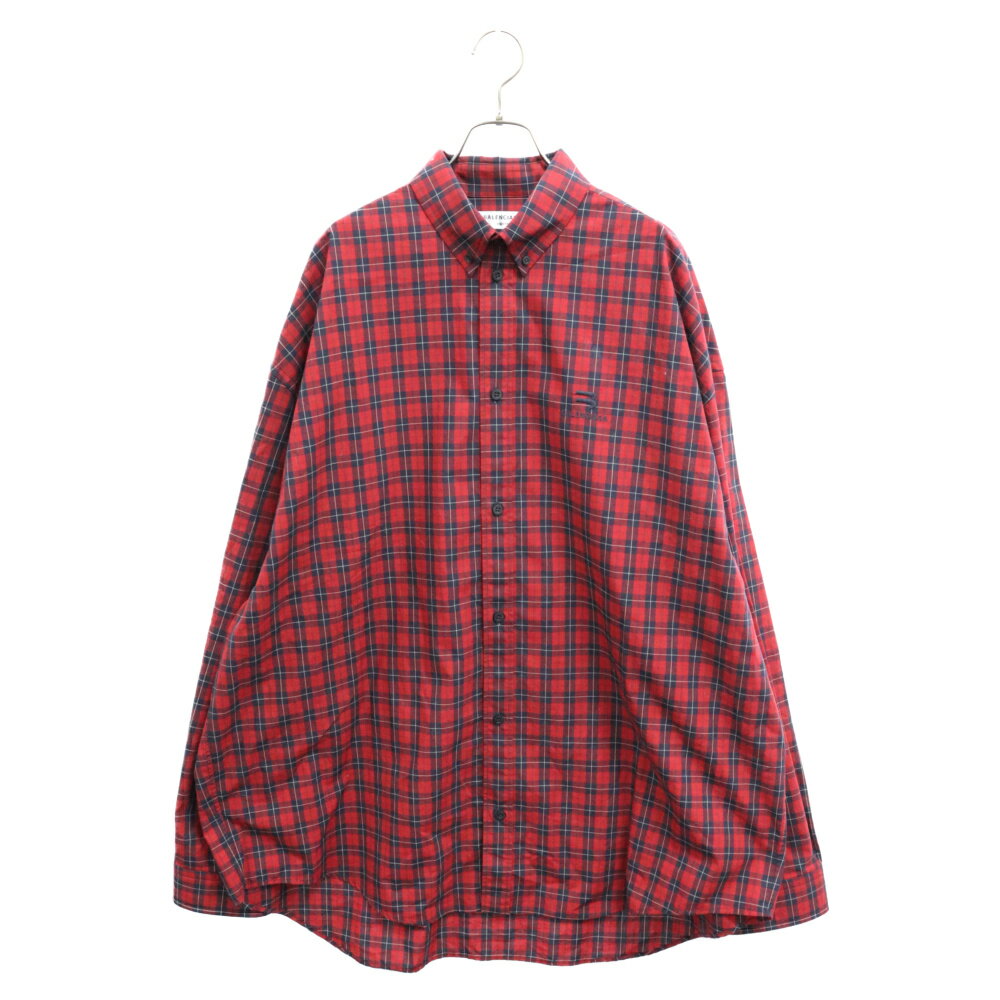 BALENCIAGA バレンシアガ サイズ:XXS 22SS Sporty BB Red Check Shirts スポーティBB刺繍 オーバーサイズボタンダウンチェック長袖シャツ 681004 TLM20 レッド【中古】【程度A】【カラーレッド…