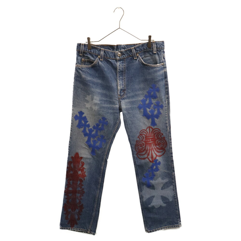 CHROME HEARTS(クロムハーツ) サイズ:33 ×LEVI'S STENCIL DENIM ステンシル ペイントデザインクロスパッチ付きデニムパンツ リーバイス インディゴ/ブルー/レッド【中古】【程度B】【カラーネイビー】【取扱店舗新宿】