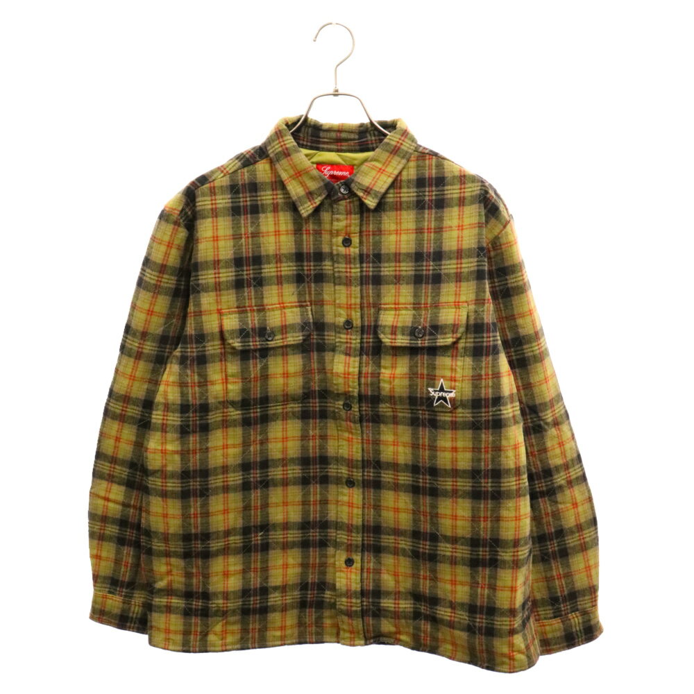 SUPREME(シュプリーム) サイズ:M 21AW Quilted Plaid Flannel Shirt ロゴ刺繍 キルティング フランネル チェック 長袖シャツ オリーブ【中古】【程度A】【カラーグリーン】【取扱店舗BRINGアメリカ村店】