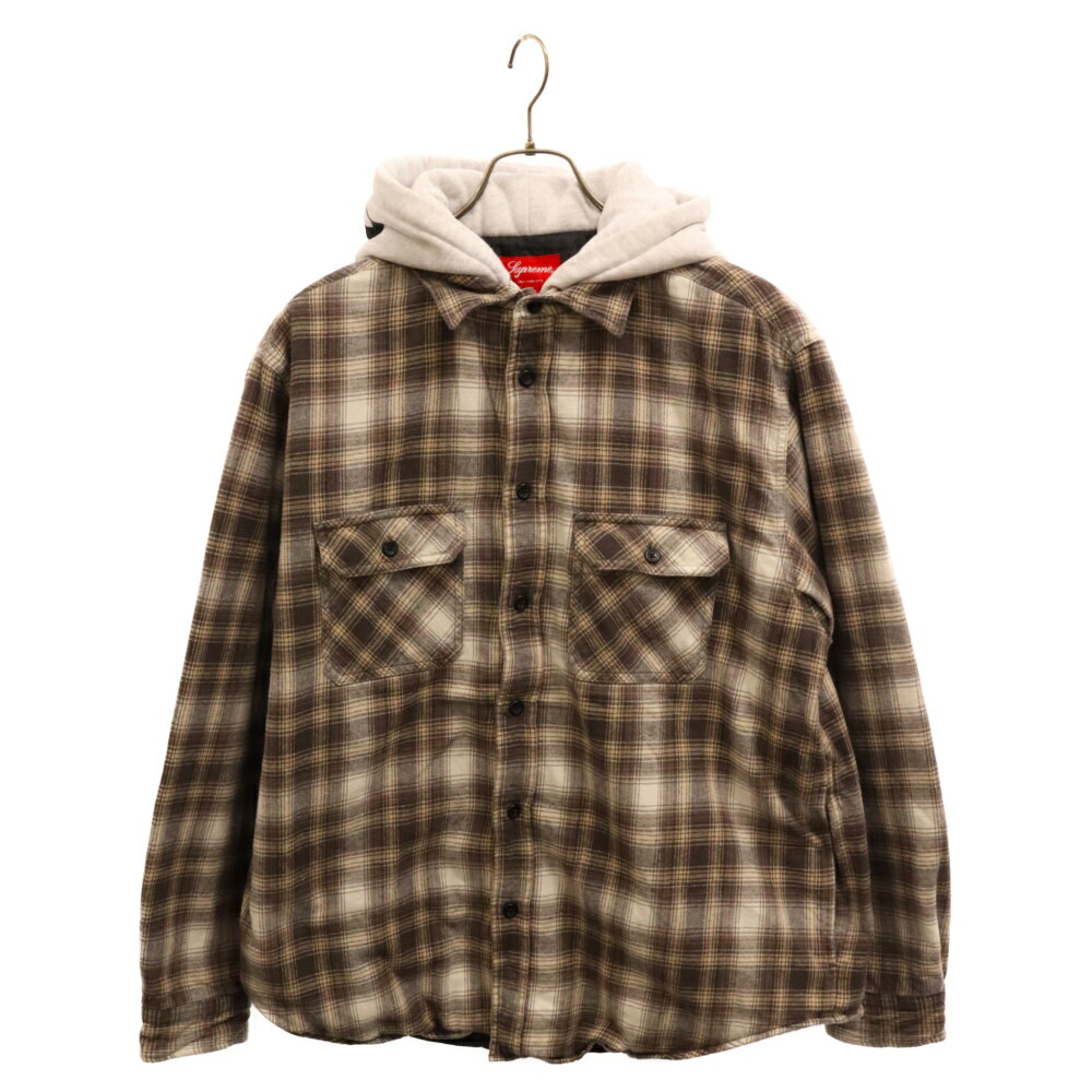 SUPREME(シュプリーム) サイズ:M 21AW Hooded Flannel Zip Up Shirt ロゴ刺繍 フーデッド フランネル ジップアップ 長袖シャツ グレー/ベージュ【中古】【程度B】【カラーグレー】【取扱店舗BRING仙台店】