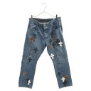 CHROME HEARTS(クロムハーツ) サイズ:34.0inch JEAN SL FLEURKNEE クロスパッチ付きフレアニーステッチデニムパンツ 34INCH【中古】【程度B】【カラーブルー】【取扱店舗OneStyle原宿店】