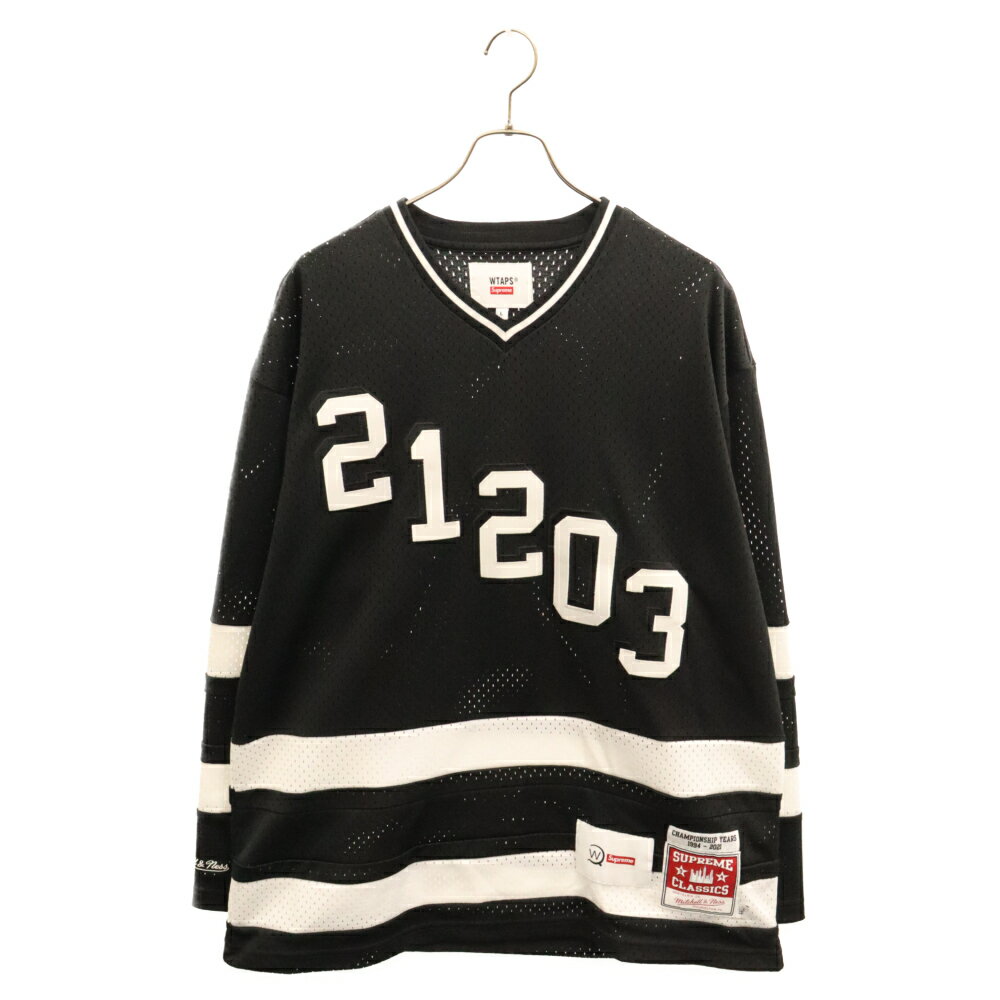 SUPREME シュプリーム サイズ:L 21AW WTAPS Mitchell & Ness Hockey Jersey ホッケー ゲームシャツ Vネックメッシュジャージ 長袖シャツ ブラック/ホワイト【中古】【程度B】【カラーブラック…