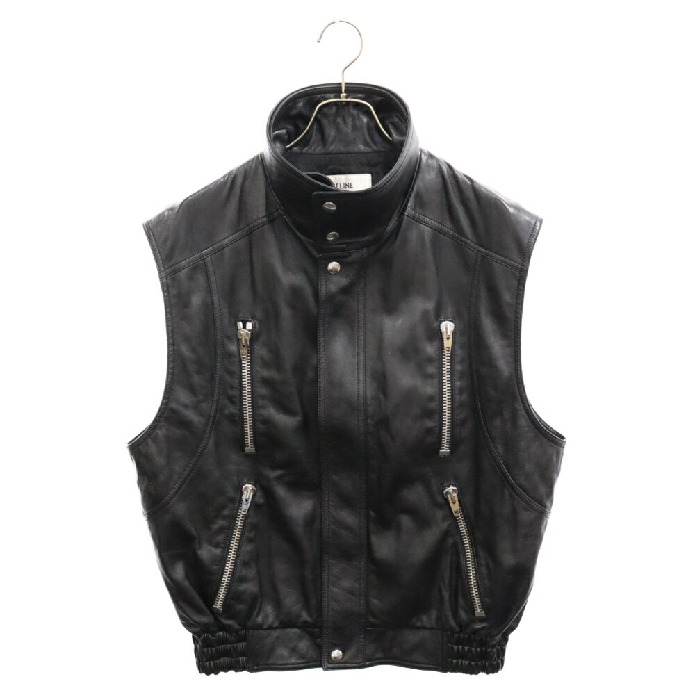 CELINE(セリーヌ) サイズ:46 22AW SLEEVELESS JACKET IN SOFT LAMBSKIN ソフトラムスキン ノースリーブ レザー ジャケット ブラック 2EC49280D【中古】【程度A】【カラーブラック】【オンライン限定商品】