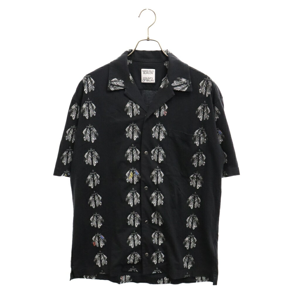 MARCELO BURLON(マルセロバーロン) サイズ:M フェザー ロゴ プリント オープンカラー 半袖 シャツ ブラック CMGA078F22JER0011006