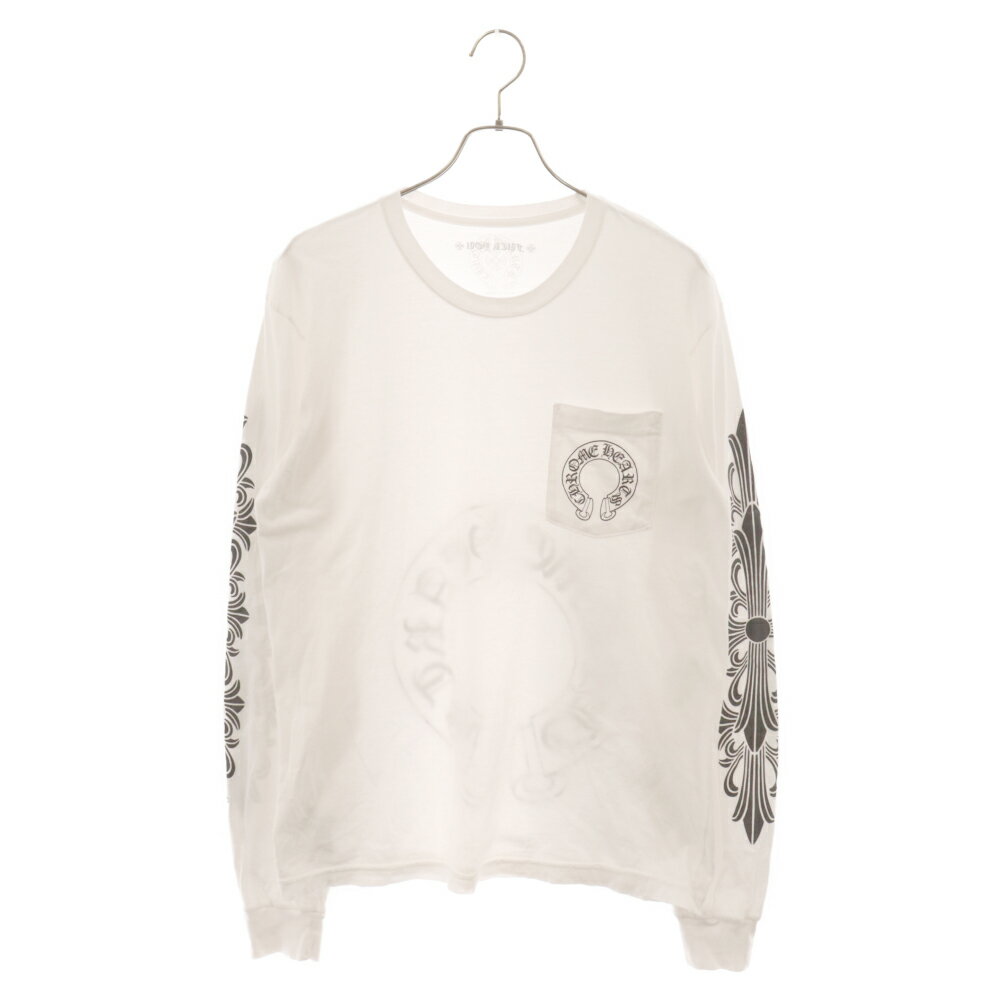 CHROME HEARTS(クロムハーツ) サイズ:L Horseshoe L/S Tee ホースシューロングスリーブTシャツ 長袖カットソー ロンT 長袖Tシャツ 袖フローラルクロスプリント ホワイト