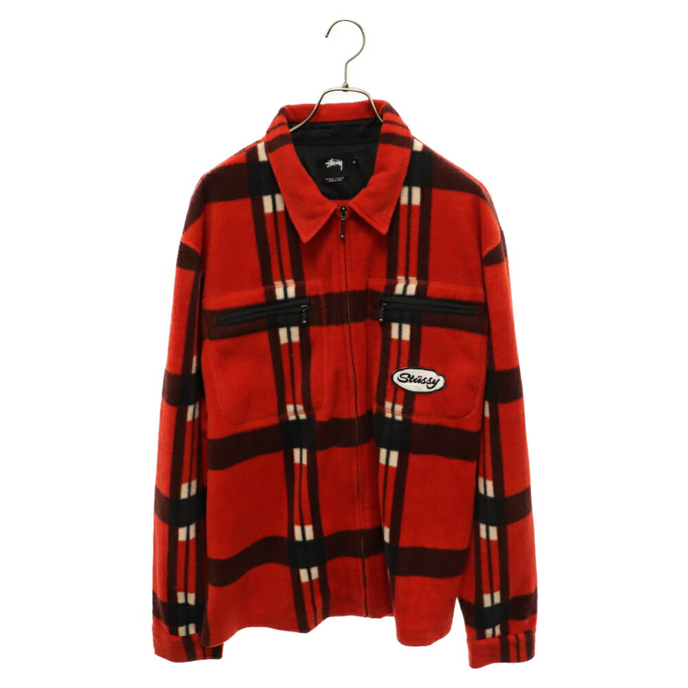 STUSSY(ステューシー) サイズ:XL ロゴワッペン チェック柄 ジップアップ フリースジャケット レッド 111957-002【中古】【程度B】【カラーレッド】【取扱店舗BRING THRIFT CLOSET】