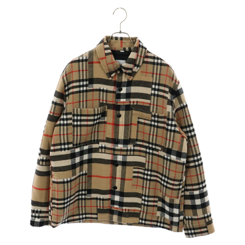 BURBERRY(バーバリー) サイズ:L 22SS CATERHAM BLOCK SHIRT 8044216 パッチワーク ブロックチェック 長袖 ウールシャツジャケット ベージュ【中古】【程度A】【カラーベージュ】【取扱店舗BRING札幌店】