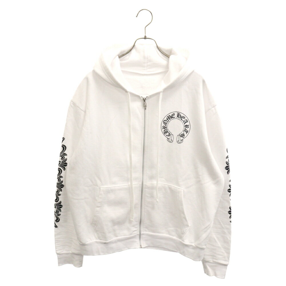 CHROME HEARTS(クロムハーツ) サイズ:M SWTSHRT HD ZIP バックホースシュープリント ジップアップパーカー アームフローラル フーディー ホワイト【中古】【程度B】【カラーホワイト】【取扱店舗渋谷】