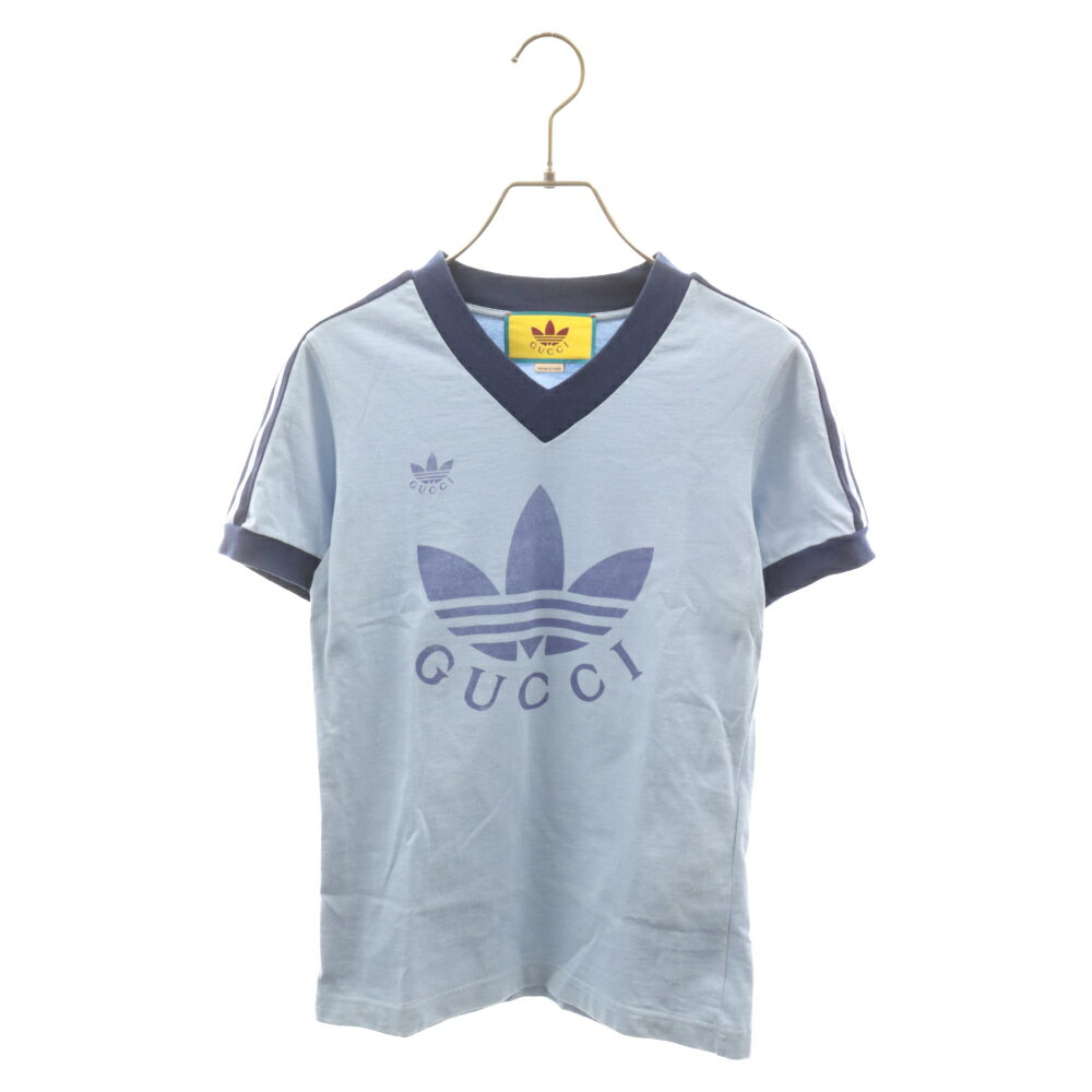 GUCCI(グッチ) サイズ:XS 22SS ×ADIDAS アディダス トレフォイルロゴ VネックTシャツ 半袖Tシャツ ブルー 693636 レディース【中古】【程度B】【カラーブルー】【取扱店舗BRING心斎橋店】