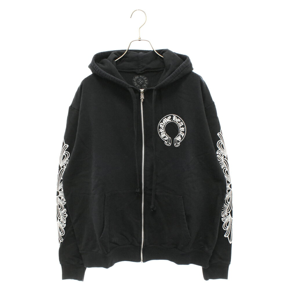 CHROME HEARTS(クロムハーツ) サイズ:L SWTSHRT HD ZIP バックホースシュープリント ジップアップパーカー アームフローラル フーディー ブラック