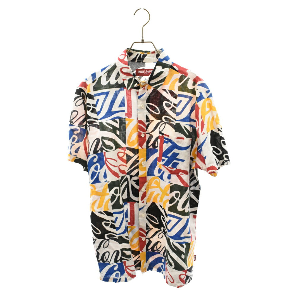 KITH(キス) サイズ:M ×COCA-COLA HAWAIIAN BUTTON-UP コカ コーラ 総柄 リネン混 半袖 ハワイアンシャツ マルチ【中古】【程度B】【カラーホワイト】【取扱店舗渋谷】