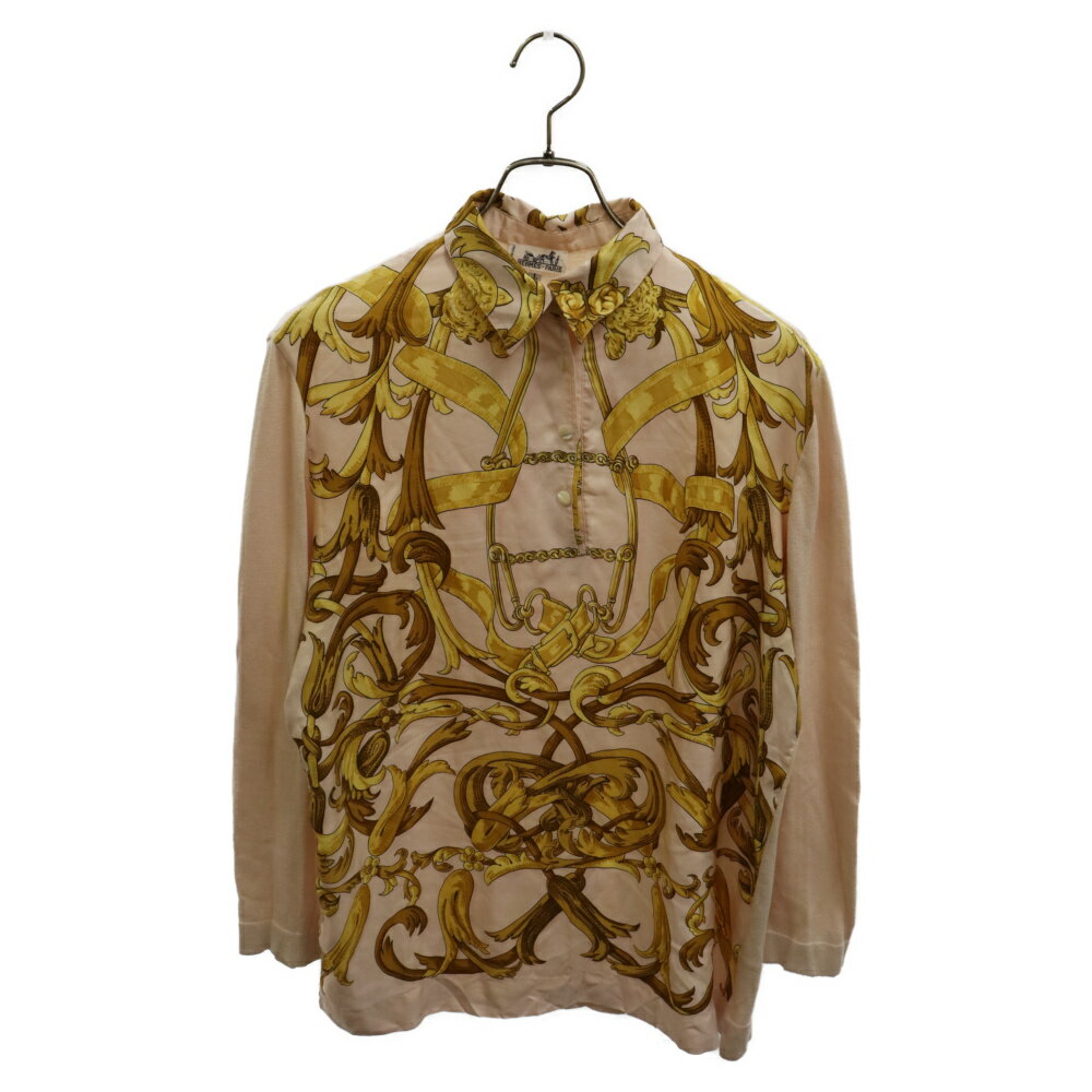 HERMES(エルメス) サイズ:L 総柄 シルク ニット切替 ハーフボタン プルオーバー 長袖シャツ ピンク レディース【中古】【程度B】【カラーピンク】【取扱店舗新宿】