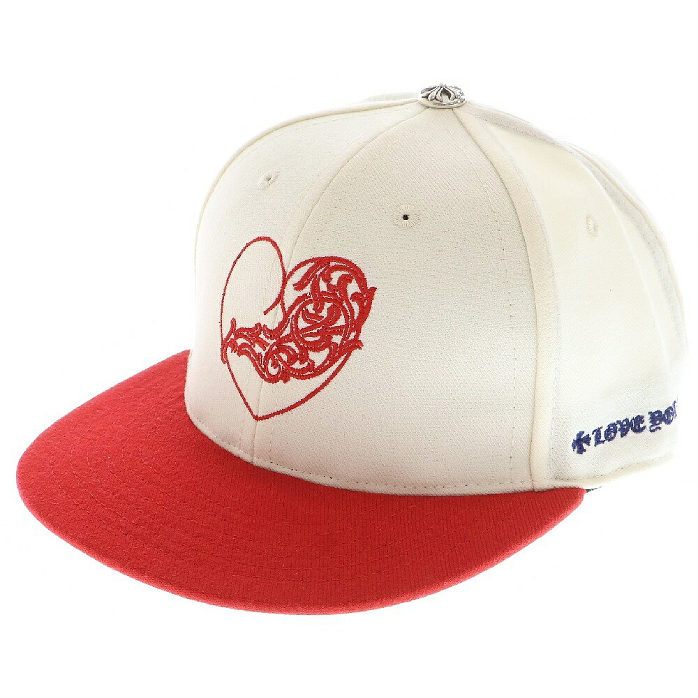 CHROME HEARTS(クロムハーツ) サイズ:7 5/8 CH HAT ハートロゴ刺繍ベースボールキャップ帽子 ホワイト/レッド 国内ギャラ有【新古品/中...