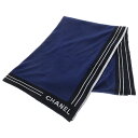 CHANEL(シャネル) ストール ロゴプリント ブルー×ブラック ウール×カシミヤ マフラー【中古】【程度B】【カラーブルー】【オンライン限定商品】